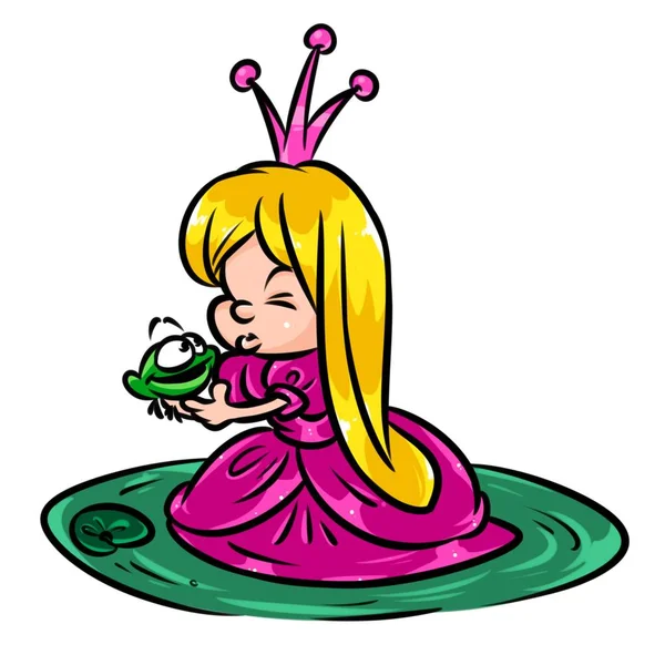Kleine Schöne Prinzessin Mädchen Küssen Frosch Märchen Cartoon Illustration Isolierte — Stockfoto