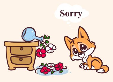 Kitten sorry guilty dropped flowers cartoon illustration animal character clipart