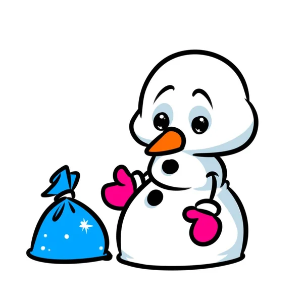 Lilla Snögubbe Presentpåse Överraska Jul Tecknade Illustration Isolerade Bild — Stockfoto