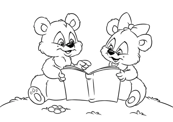 泰迪熊阅读书动物着色页 — 图库照片
