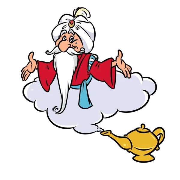 Aladdin Lámpara Mágica Jin Viejo Mago Nube Ilustración Dibujos Animados — Foto de Stock