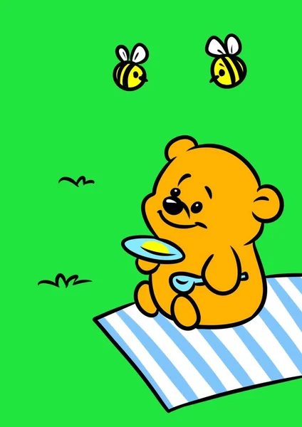 リトルベアー蜂蜜蜂ピクニック朝食自然漫画 — ストック写真