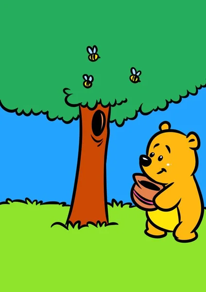 Pequeño Oso Árbol Miel Abeja Dibujos Animados —  Fotos de Stock