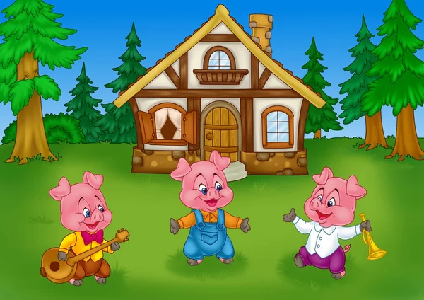 Fairy tale three little pigs Forest nature house background cartoon