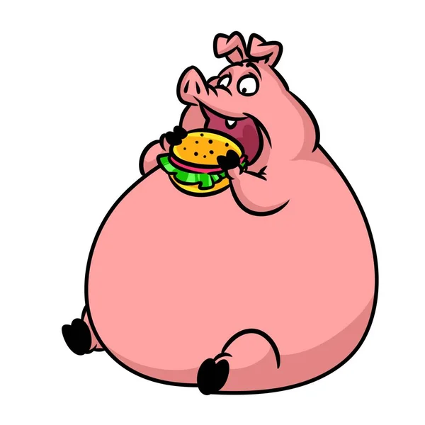 Fat pig eats fast food hamburger cartoon illustration isolated image