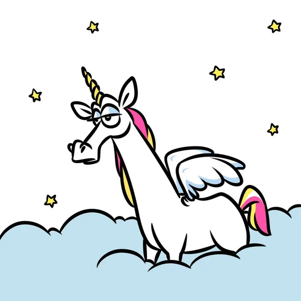 Triste Unicorno Pegasus Unicorno Nuvole Cielo Cartone Animato Illustrazione Isolato — Foto Stock