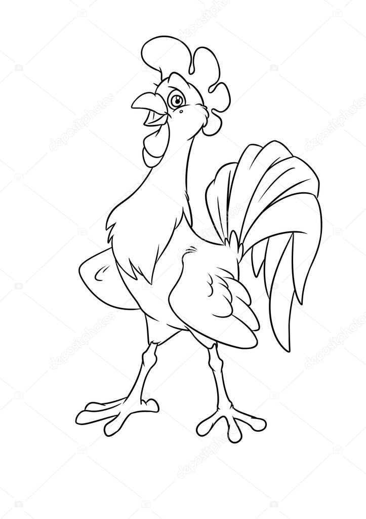 Funny rooster bird animal character cartoon illustration isolated image coloring page