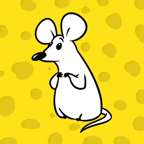 White little mouse animal character yellow cheese background cartoon illustration
