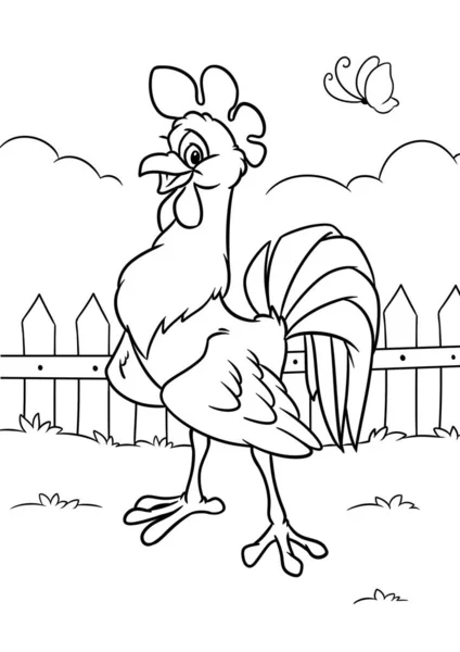 Rooster cheerful village animal bird character cartoon illustration coloring page