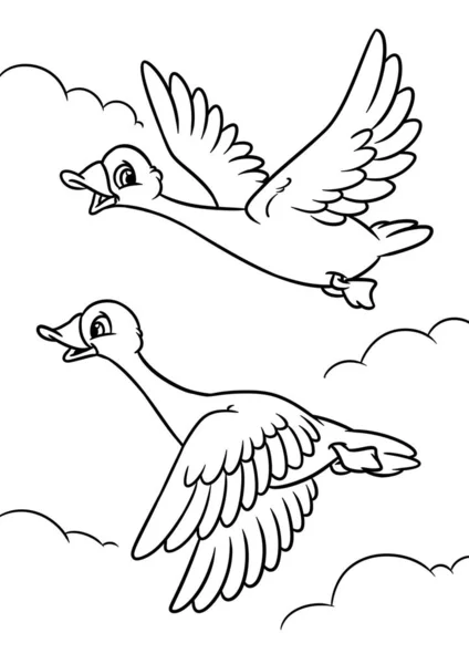 Geese fly sky clouds cartoon illustration coloring page