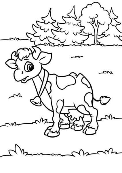 Cow kind animal character cartoon meadow village background illustration coloring page