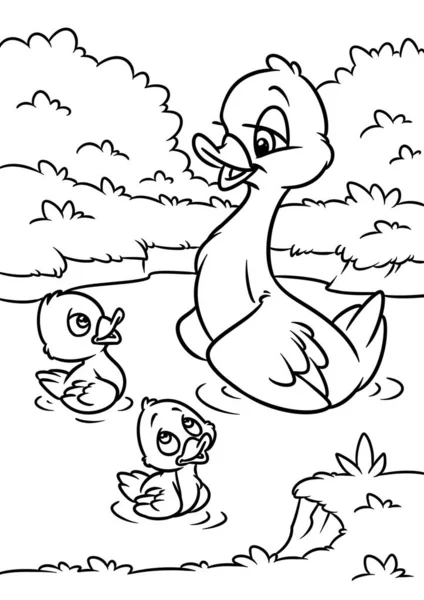 Duck Mamma Lilla Ank Ungar Promenad Bada Damm Tecknad Illustration — Stockfoto