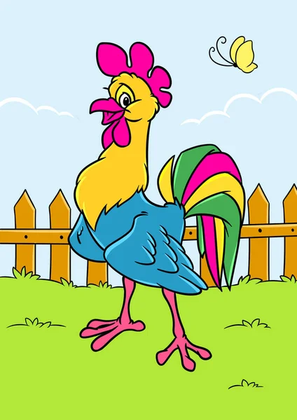 Rooster Cheerful Village Animal Bird Character Cartoon Illustration — Stock Photo, Image