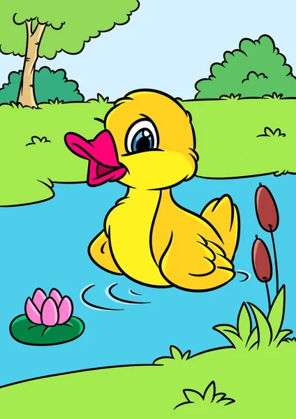 Pequena Lagoa Patinho Alegre Amarelo Nadar Personagem Animal Desenho Animado — Fotografia de Stock