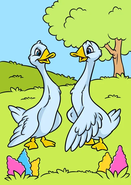 Due Oche Uccelli Fattoria Natura Sfondo Cartone Animato Illustrazione — Foto Stock