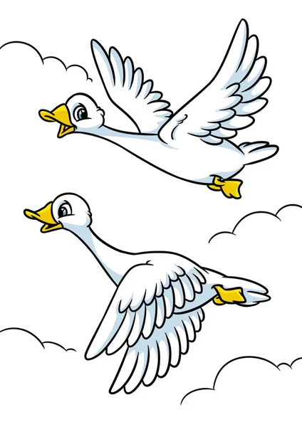 Geese funny birds fly sky clouds cartoon illustration