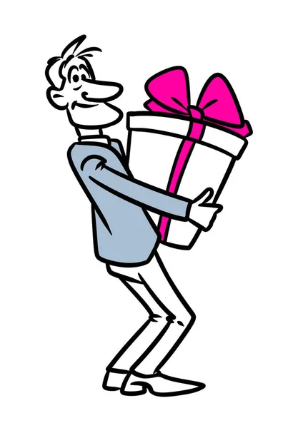 Man Geluk Geeft Big Box Bow Geschenk Karakter Cartoon Illustratie — Stockfoto