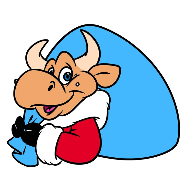 Bull Mikulás Zsák Ajándékok Portré Karácsony Állati Karakter Karikatúra Illusztráció — Stock Fotó