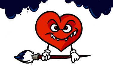 Aşk zararlı boya fırçası Kırmızı kalp siyah kanatlar karakter karikatür illüstrasyon izole görüntü