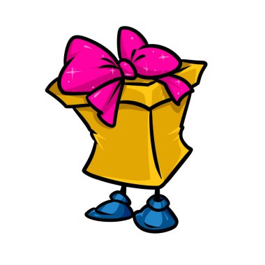 Küçük sarı tatil karakter hediye pembe yay kurdele karikatür illüstrasyon izole görüntü