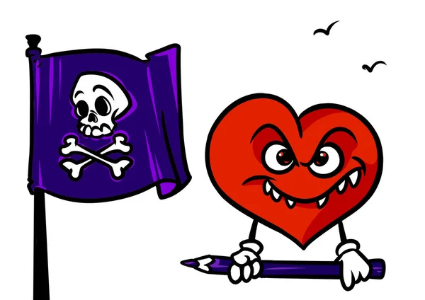 Amor Pintura Prejudicial Lápis Mal Jolly Roger Red Personagem Coração — Fotografia de Stock