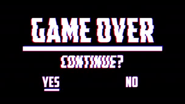 A videogame ending screen text on a tv: Game over Continue Yes No choice . Game background with animation and glitch effects. — Stock Video