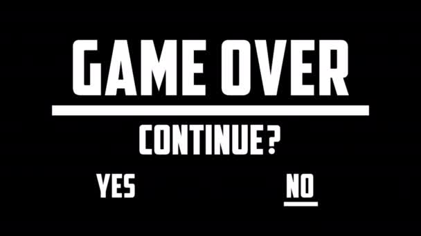 Un videojuego que termina el texto de la pantalla en una televisión: Game over Continuar Sí No hay opción. Fondo del juego con animación y efectos . — Vídeo de stock