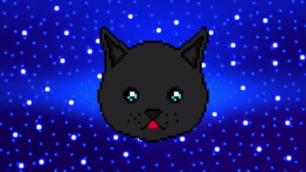 The pixel cat moves with his eyes and shows the tongue against the background of space and stars. Ready to use in any project. — Stock Video