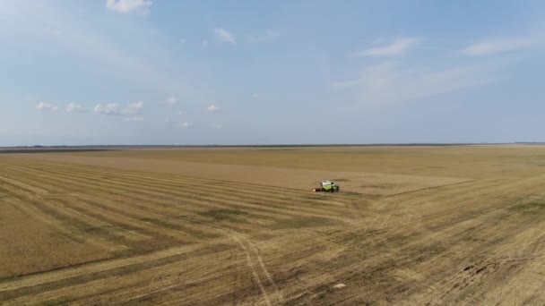 Vista aerea di una spazzatrice che lavora sul campo. Un grosso trattore che arava un campo. Agricoltura. Agricoltura — Video Stock