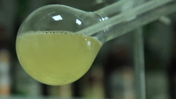 El proceso de cocción de la solución en un matraz en un laboratorio químico . — Vídeos de Stock