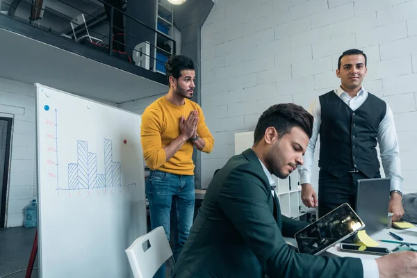 Meeting of businessmen discussing the growth of profits in the joint-stock company.