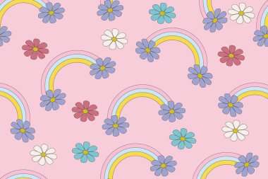 Komik, mutlu papatya, el salla, örgü yap, gökkuşağı yap. Moda modası geçmiş trip tarzında vektör geçmişleri. 60 'lı yaşlarda hippi, 70' li yaşlarda. Sarı, turuncu, pembe renkler.