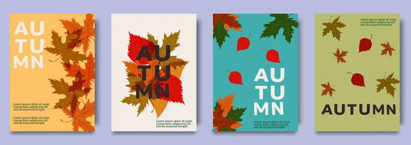 Modern arka planlarda renkli yapraklar ve mevsimlik metin tasarımlı sonbahar tebrik kartı koleksiyonu