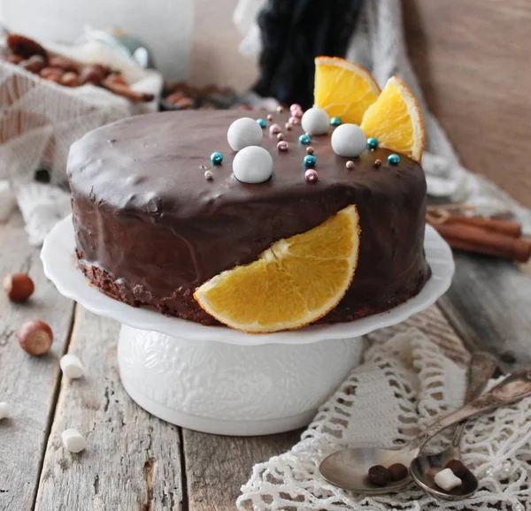 Chocolate cake. A slice of chocolate cake. Selective focus stock photo