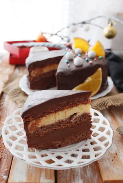 Chocolate cake. A slice of chocolate cake. Selective focus stock photo