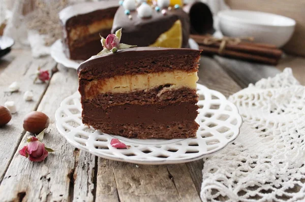 Chocolate cake. A slice of chocolate cake. Selective focus stock photo