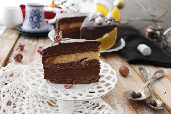 Chocolate cake. A slice of chocolate cake. Selective focus stock photo