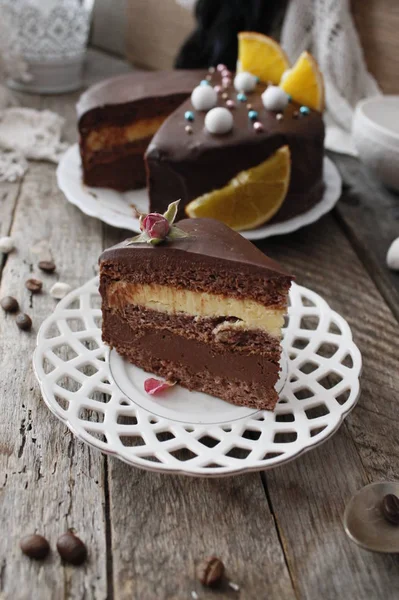 Chocolate cake. A slice of chocolate cake. Selective focus stock photo