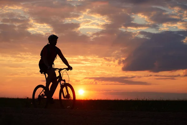 Силует Велосипедиста Який Подорожує Фоні Заходу Сонця Дорозі Поля — стокове фото