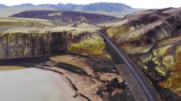 Top View Road Lake Ray Sun Hits Lens Aerial Photography — Stock Video