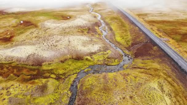 Vue Dessus Route Des Prairies Verdoyantes Caméra Vole Dans Brouillard — Video