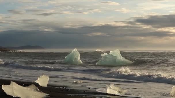 Icebergs Pedaços Gelo Azul Branco Estão Rolando Nas Ondas Ondas — Vídeo de Stock