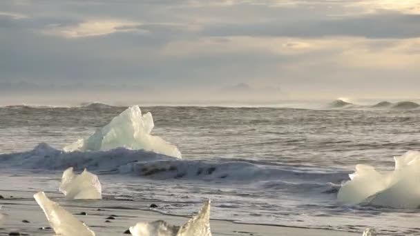 氷山と青と白の氷の部分波に展開しています 氷砕ける波 日の出ビーチでサーフィンします アイスランド — ストック動画