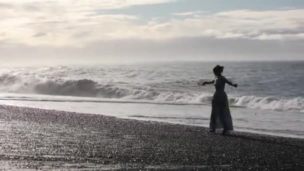 Young Woman Dress Dancing Walking Black Beach Waves Run Shore — Stock Video