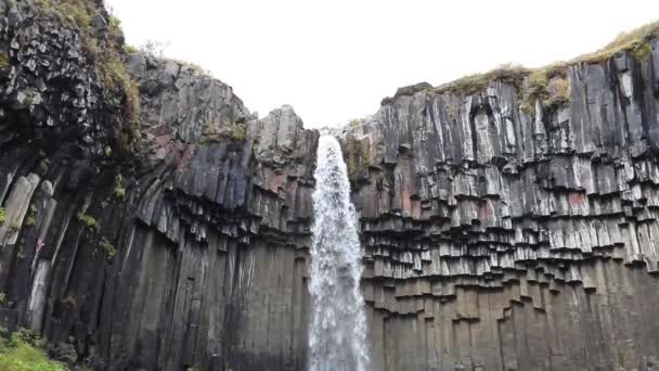 Исландский Водопад Фоне Гор Потоки Воды Падают Скалы Падают Медленное — стоковое видео
