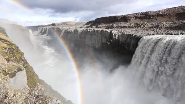 Famous Dettifoss Waterfall Beautiful Waterfall Bright Rainbow Popular Landmark Iceland — Stock Video
