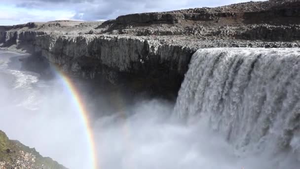 Famous Dettifoss Waterfall Beautiful Waterfall Bright Rainbow Popular Landmark Iceland — Stock Video