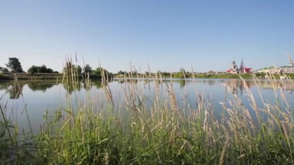 View Rural Landscape Lake Church Calm Summer Morning Russia — Stock Video