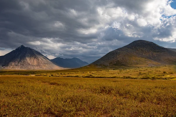 Beautiful mountain landscape. Relax in fresh air. Blue sky with clouds. Mountain peaks with snow and grass. Mountain tundra Ural Russia