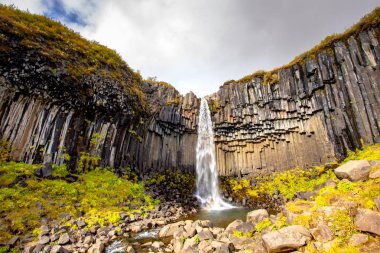 Şelale manzarası güzel güneşli. İzlanda'daki en ünlü şelaleler biri